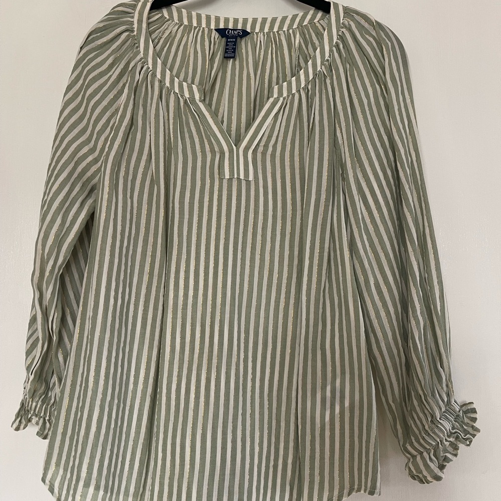 Chaps Women's Green and White Striped Blouse